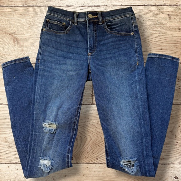 Express Denim - EXPRESS Womens Perfect Legging‎ High Rise Distress Blue Denim Jeans Size 0